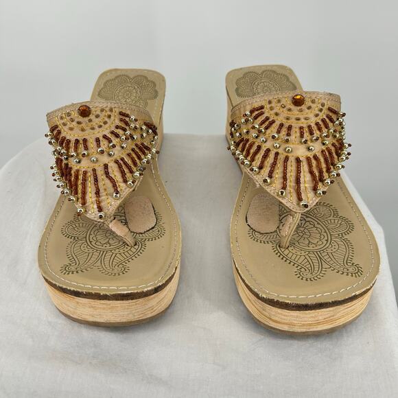 VTG 90s y2k women's tan Jaunt beaded Skechers Platform Cork Wedge Thong Sandals - Picture 2 of 8